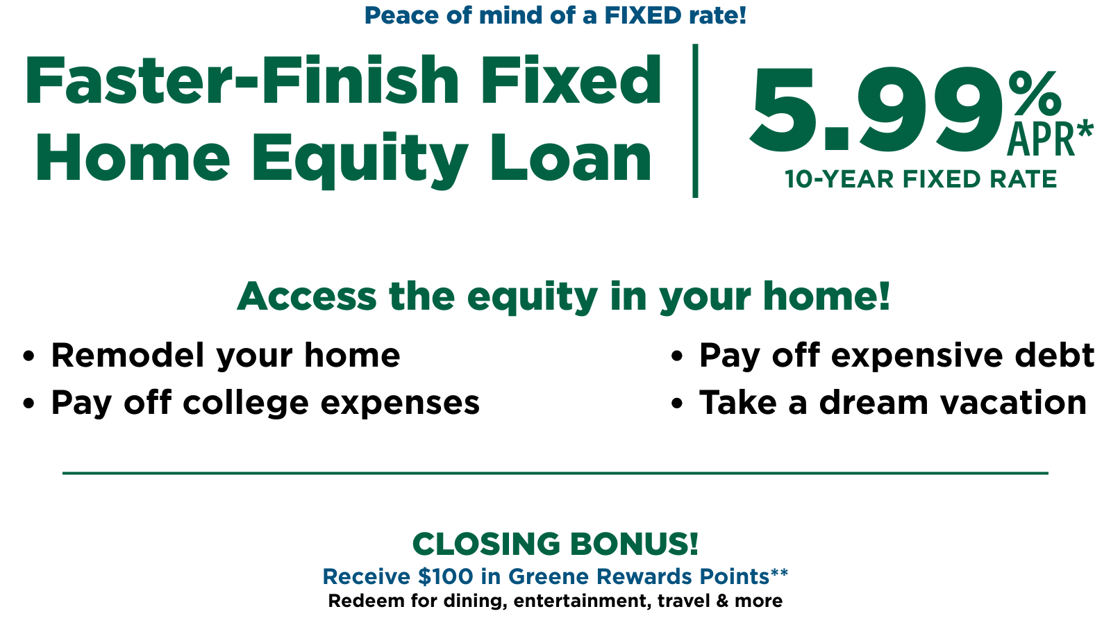 Shorter terms. Peace of mind of a fixed rate! Faster-Finish Fixed Home Equity Loan. 5.99% apr* 10-year fixed rate. Access the equity in your home. Remodel your home, pay off college expenses, pay off expensive debt, take a dream vacation. Closing bonus! Receive $100 in Greene Rewards Points** redeem for dining, entertainment, travel & more.