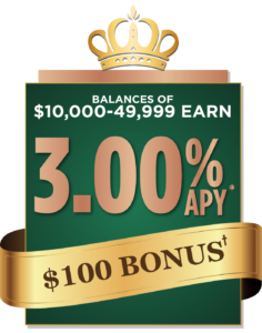 Balances of $10,000 to $49,999 earn 3.00% APY*. Earn $100 bonus†