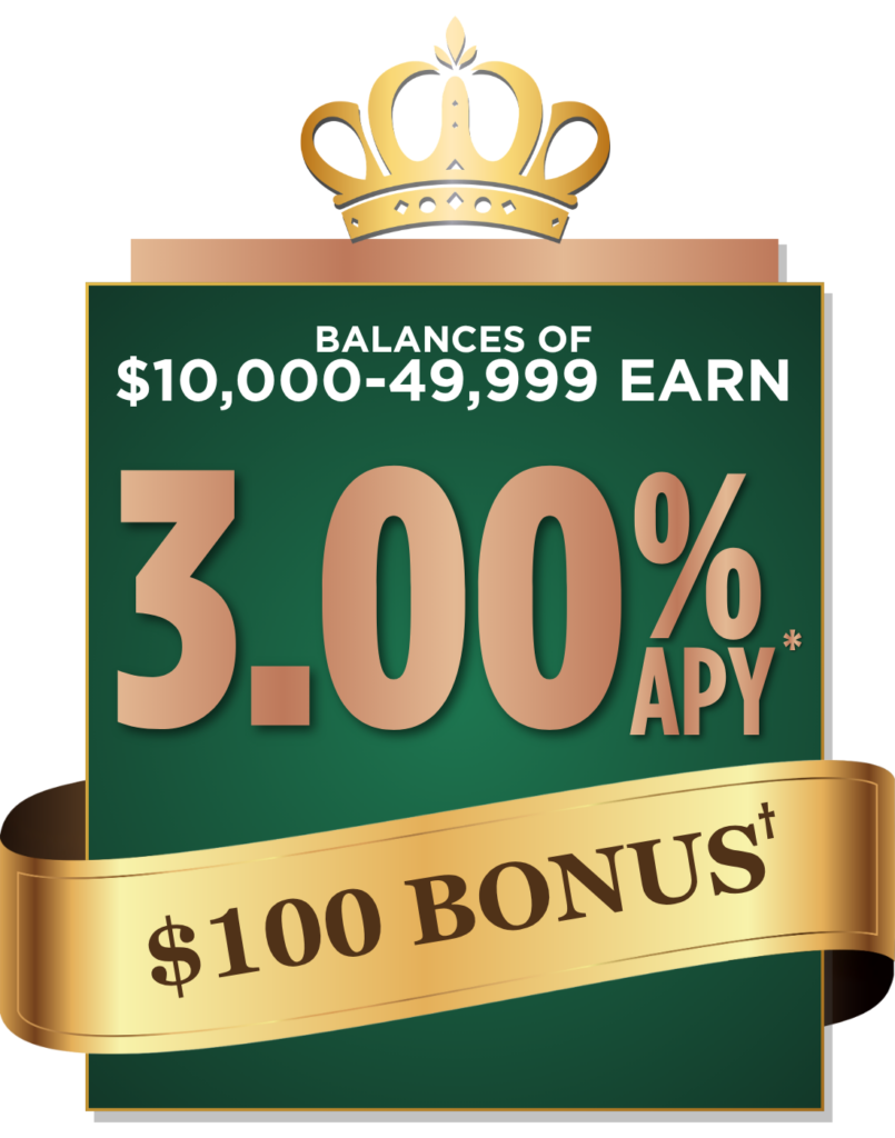 Balances of $10,000 to $49,999 earn 3.00% APY*. Earn $100 bonus†