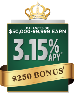 Balances of $50,000 to $99,999 earn 3.15% APY*. Earn $250 bonus†