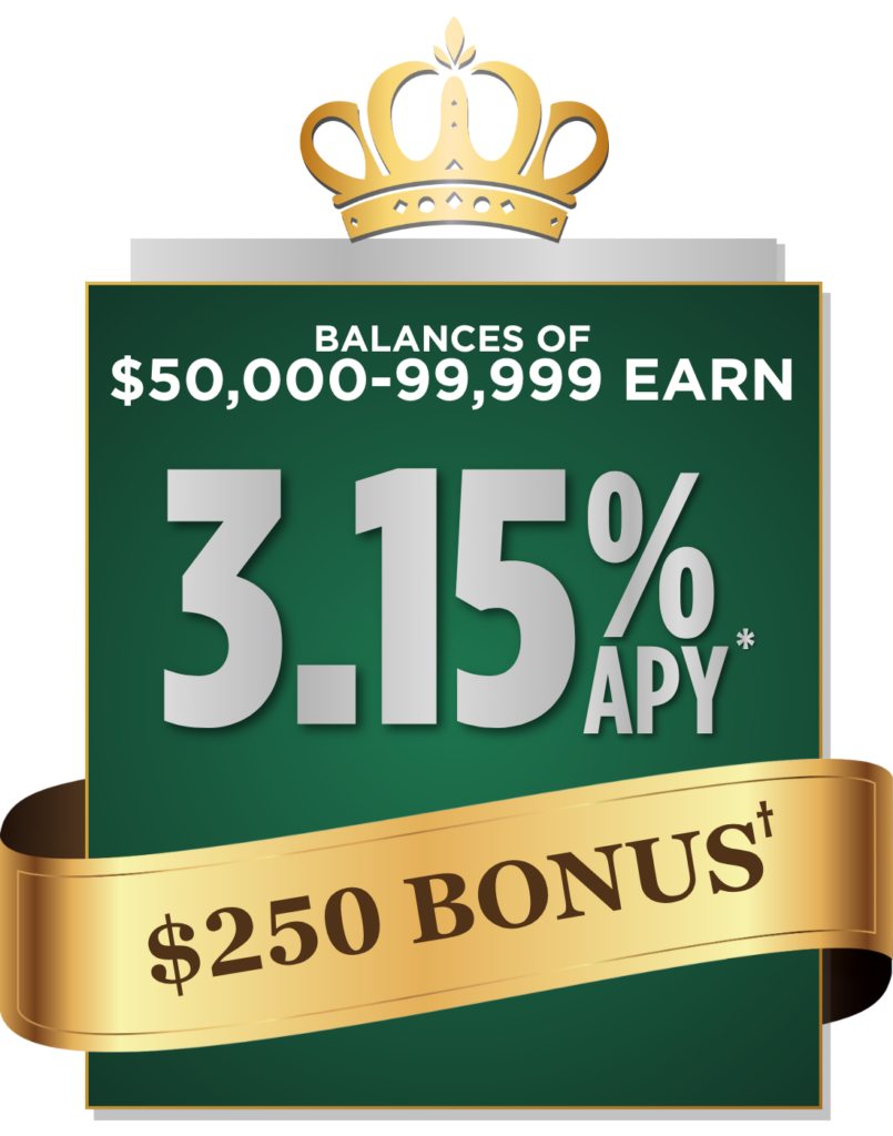 Balances of $50,000 to $99,999 earn 3.15% APY*. Earn $250 bonus†