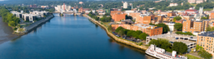 Hudson river running through the city of Troy, NY.